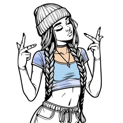 realistic teenage girl with braids and a beanie and crop top doing 🫶🏼