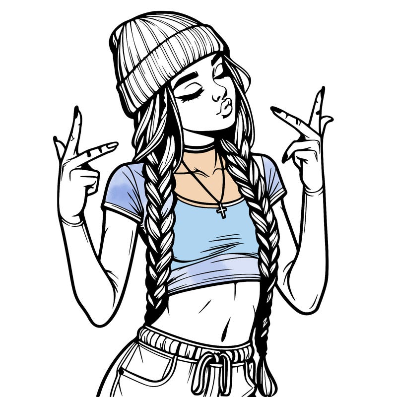 realistic teenage girl with braids and a beanie and crop top doing 🫶🏼