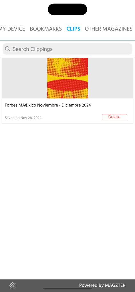 Sección de clips de la aplicación móvil Forbes México mostrando un número guardado de la revista.
