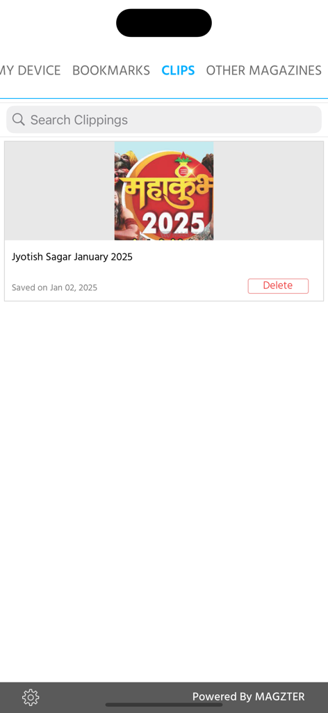 Jyotish Sagar - The clips section of the Jyotish Sagar app showing a saved entry for the January 2025 magazine issue.