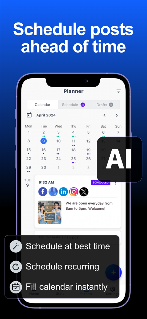 Hookle: Social Media Manager - Hookle app interface showing a monthly social media content calendar and AI-powered scheduling options