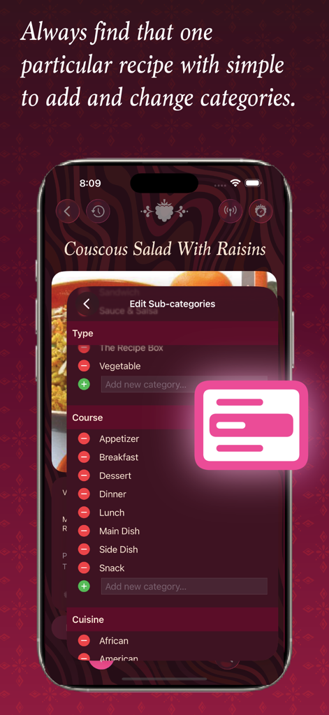 Pantalla de smartphone que muestra la gestión de categorías de recetas en la aplicación The Recipe Box To Go.