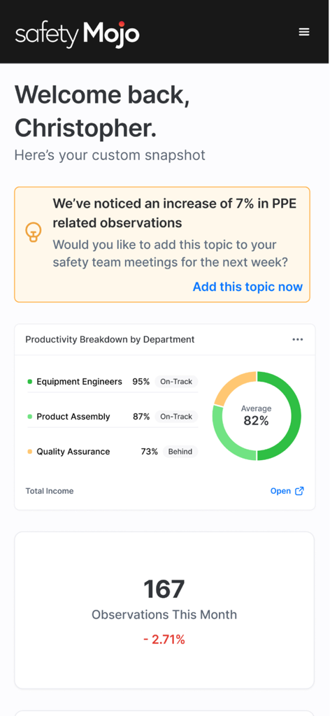 Safety Mojo AI mobile dashboard displaying safety observations and department productivity metrics