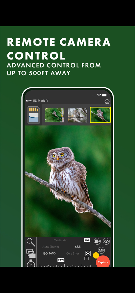 Interface de l'application CamRanger 2 montrant le contrôle à distance de l'appareil photo pour la photographie animalière sur un écran de smartphone