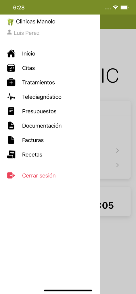 Vevi Clinic - Vevi Clinic mobile app sidebar menu showing options for appointments, treatments, telediagnosis, and invoices.