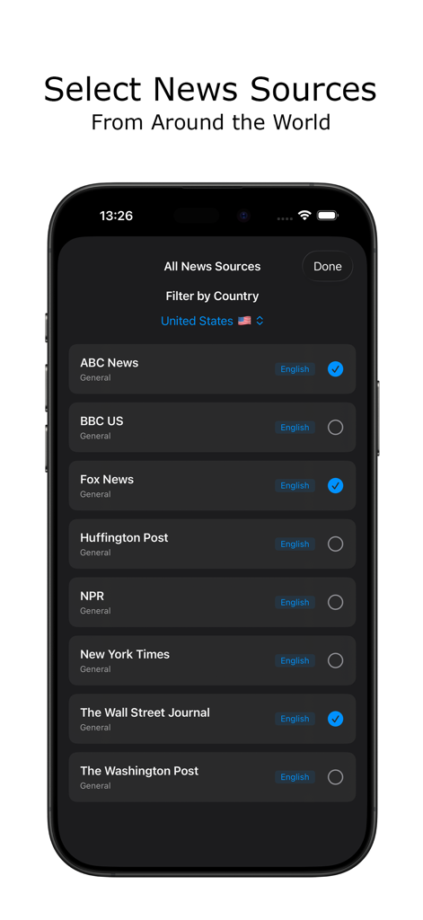 Headly - AI News Summary - Interface pour sélectionner des sources d'actualités du monde entier dans l'application Headly
