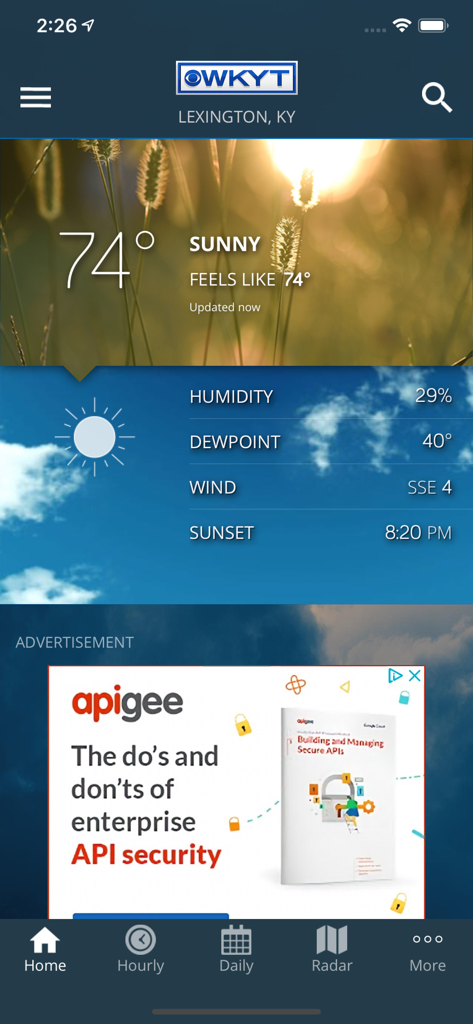 WKYT FirstAlert Weather - WKYT FirstAlert Weather app home screen for Lexington Kentucky showing 74 degrees and sunny conditions.