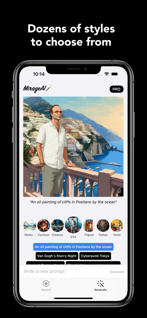Dall E 3 AI Generator - Mirage - Una interfaz de aplicación móvil para Mirage AI que muestra una pintura al óleo generada de un hombre en Positano y varias opciones de estilo artístico como GTA, Tatuaje y Dibujos Animados.