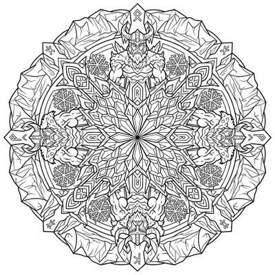 Step into the frozen realms of Norse mythology with this stunning Frost Giant Mandala coloring page. This intricate design combines powerful figures with geometric precision and icy motifs for a captivating artistic challenge.