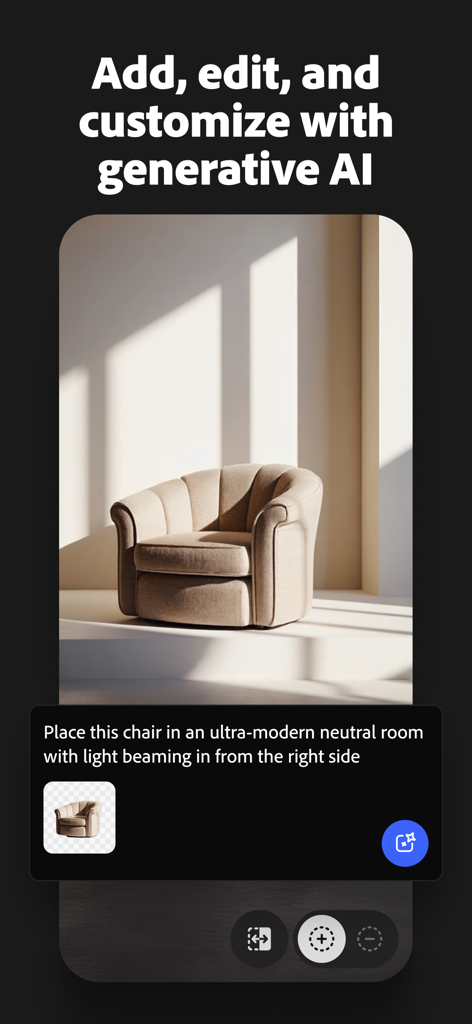 Adobe Firefly: AI Generator - Interfaz de la aplicación Adobe Firefly para iPhone que muestra la edición de IA generativa para una silla en una habitación moderna.