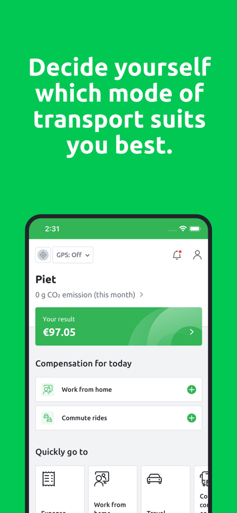 Reisbalans app dashboard displaying travel results CO2 emissions and commuting compensation options