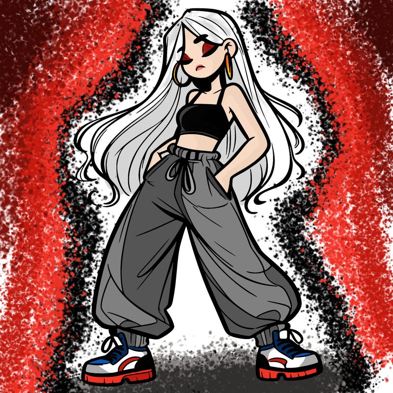 girl in baggy pants crop top and long hair