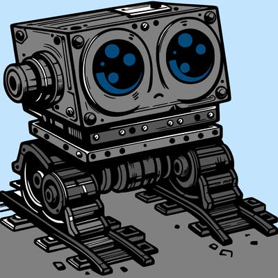 a scrap metal robot that has sort of rails as feet to move around, with big eyes, cute