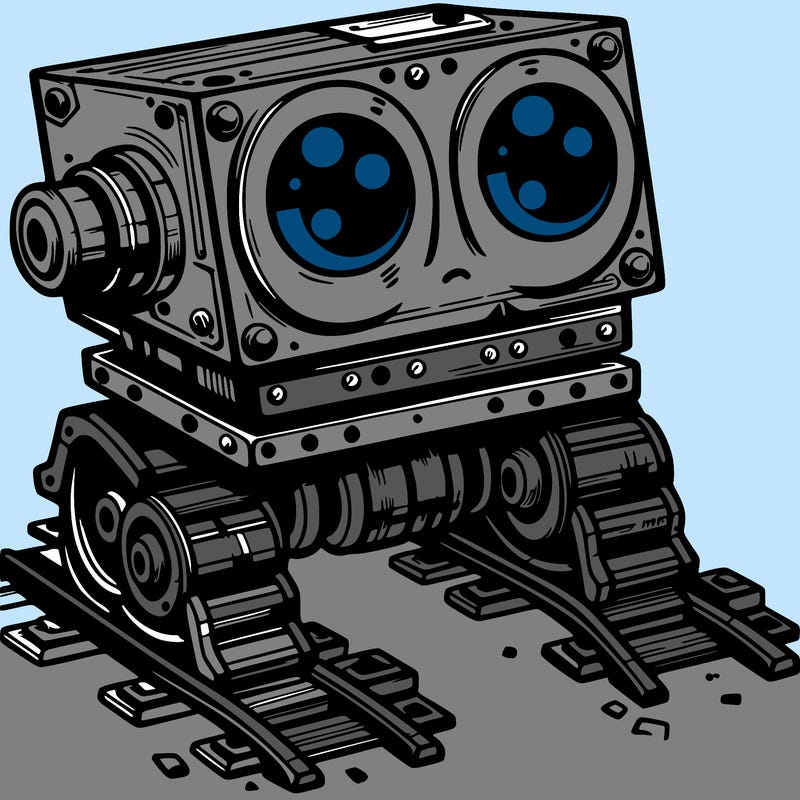 a scrap metal robot that has sort of rails as feet to move around, with big eyes, cute