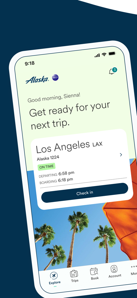 アラスカ航空モバイルアプリのダッシュボード。ロサンゼルス行きの今後のフライトが表示され、チェックインボタンがあります。