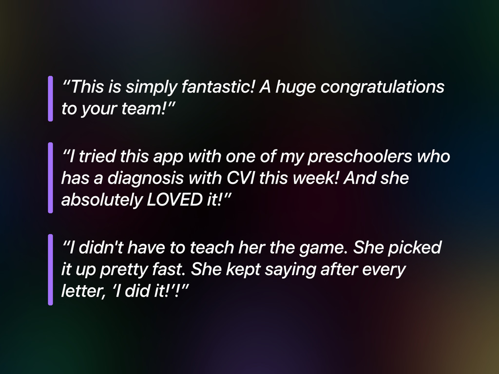 Bubbly - CVI Literacy - Testimonios de usuarios elogiando la aplicación Bubbly CVI Literacy por su efectividad con niños en edad preescolar diagnosticados con CVI