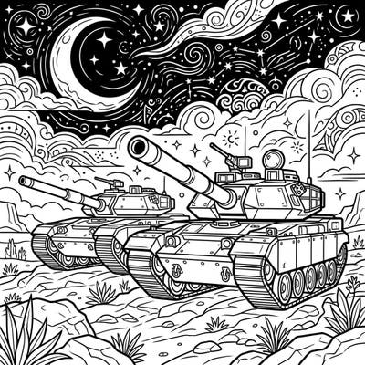 Unleash your creativity with this striking coloring page featuring two formidable military tanks set against a dramatic night-time backdrop. Prepare to immerse yourself in a detailed scene combining powerful machinery with a cosmic, star-filled sky.