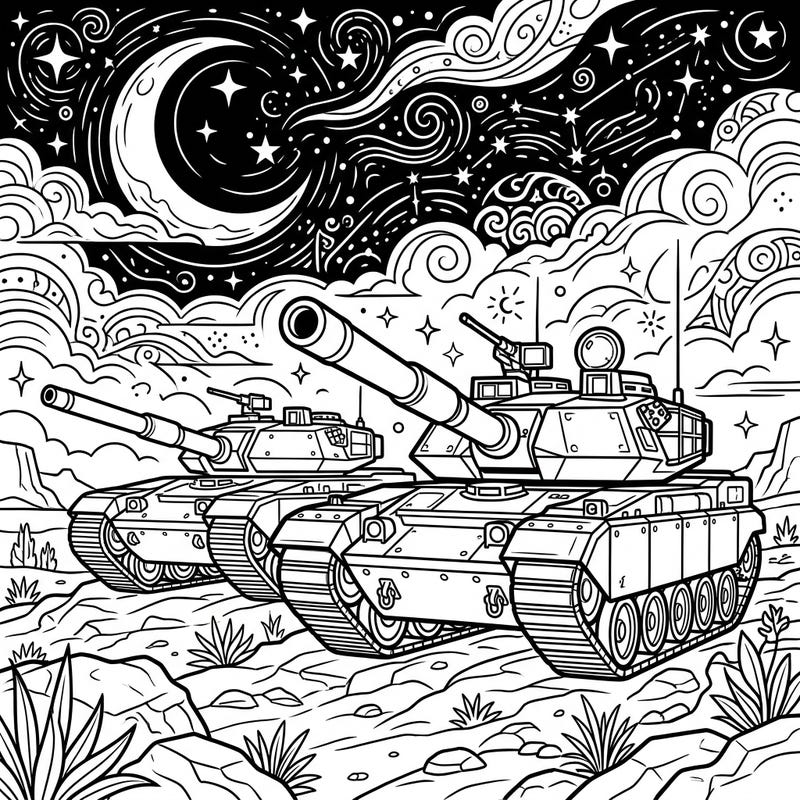 Unleash your creativity with this striking coloring page featuring two formidable military tanks set against a dramatic night-time backdrop. Prepare to immerse yourself in a detailed scene combining powerful machinery with a cosmic, star-filled sky.