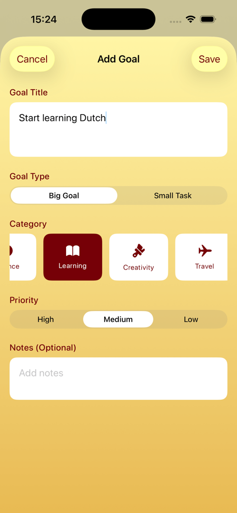 Interfaz de Añadir Objetivo en la aplicación Plan Spin Box que muestra opciones de título, categoría y prioridad
