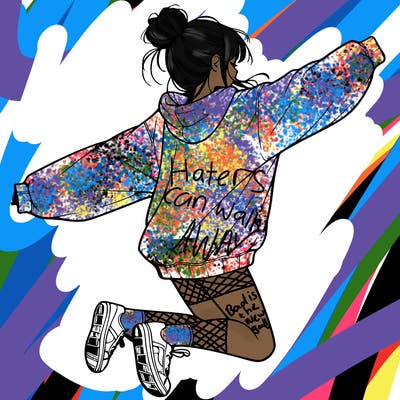 realistic girl jumping with a bun and oversized sweatshirt