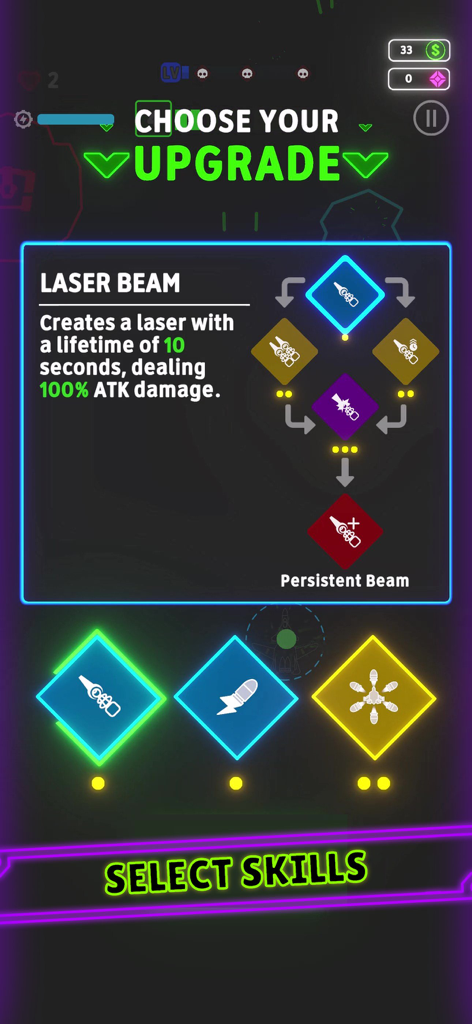 Neon Wings - Neon Wings mobile game screen showing skill selection and laser beam upgrade tree