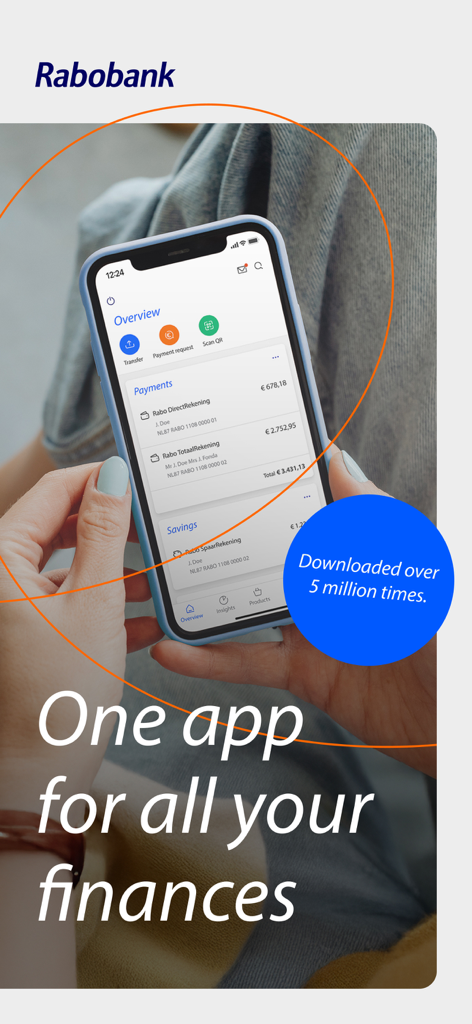 A person holding a smartphone displaying the Rabobank app overview screen with payment and savings accounts