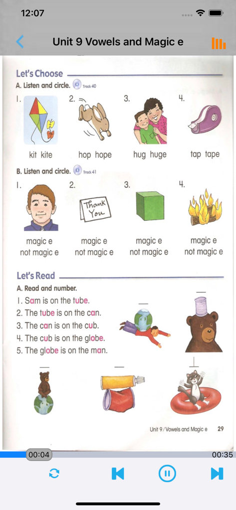 Lección de la aplicación Oxford Lets Go Phonics sobre vocales y la 'e' mágica con ejercicios de palabras ilustradas
