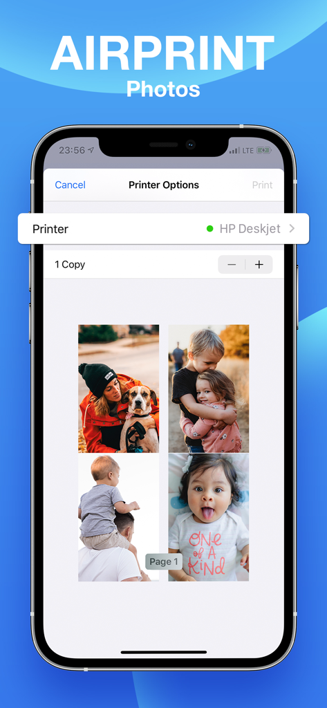 iPhone-Bildschirm mit Foto-Druckoptionen in der Smart Printer App mit Familienfotos