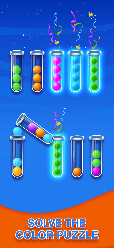 Sort Puzzle: Fun Ball - Mobile puzzle game screen showing colorful balls being sorted into glass test tubes.