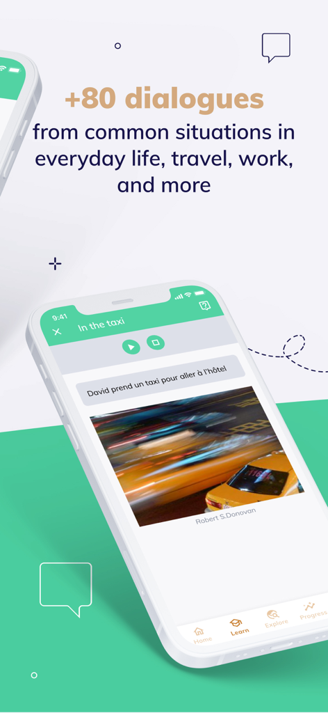 Smartphone screen of MosaLingua app displaying a language learning dialogue for a taxi ride situation.