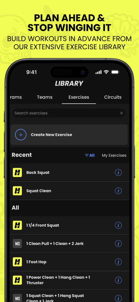 TrainHeroic: Strength Training - Interfaccia dell'app TrainHeroic che mostra la libreria di esercizi per la pianificazione degli allenamenti di forza.