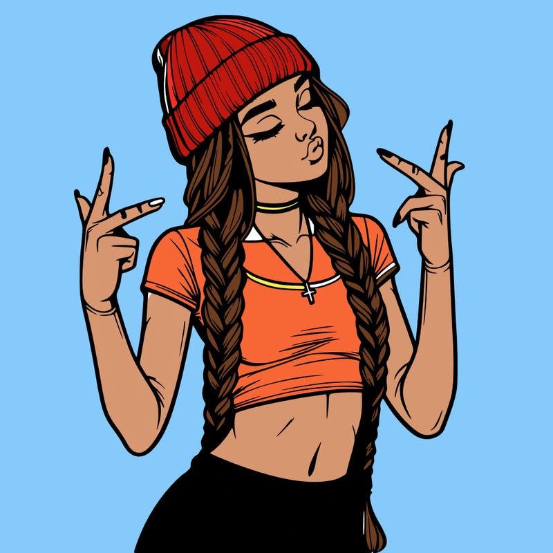 realistic teenage girl with braids and a beanie and crop top doing 🫶🏼