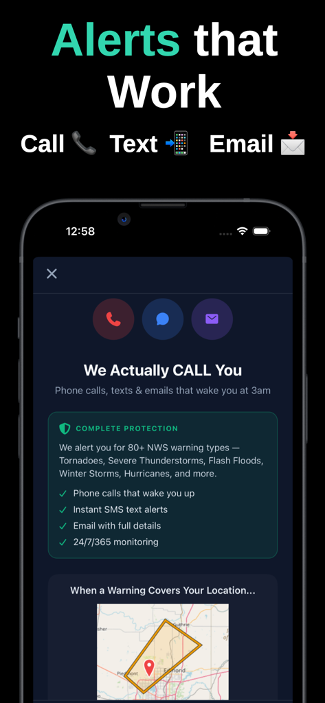 Storm Tracker by WeatherAlerts - Screenshot of Storm Tracker app showing severe weather alert options including phone calls, SMS texts, and emails that wake you at 3am.