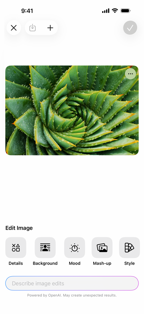 Interfaccia per l'editing di immagini basato sull'IA nell'app Apple Pages che mostra una foto di succulenti e opzioni di modifica.