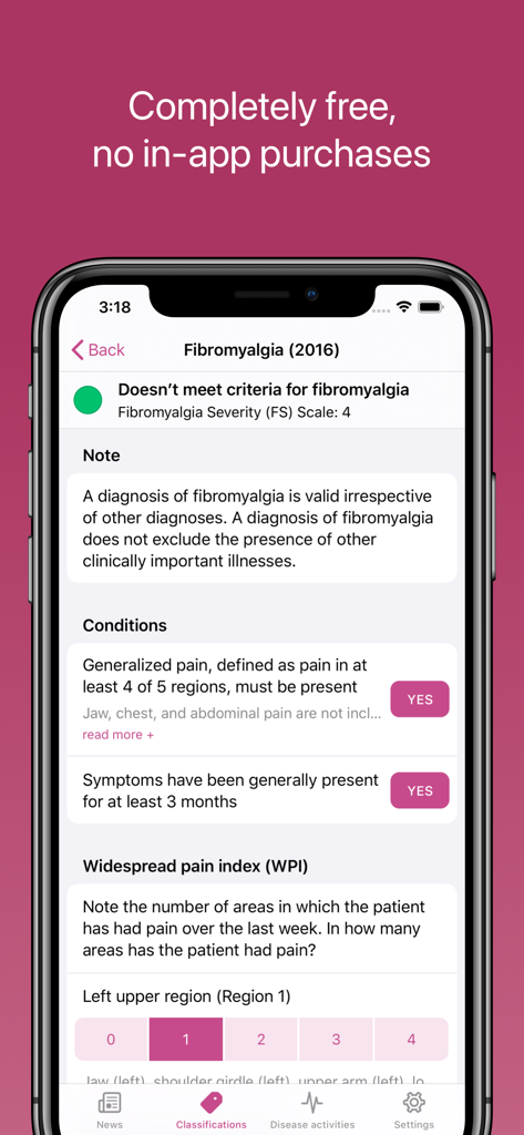 RheumaHelper mobile app displaying the fibromyalgia 2016 classification criteria and a diagnostic score calculation.