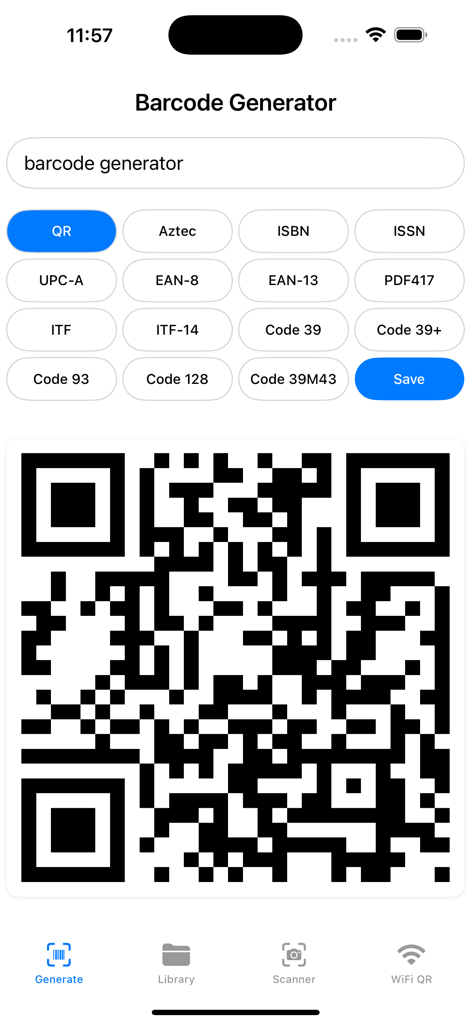Barcodes Generator Unlimited - Interface of the Barcodes Generator Unlimited app on an iPhone showing a generated QR code and selection buttons for various formats including UPC, EAN, and ISBN.