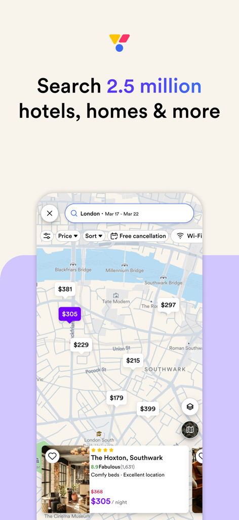 Vio.com: Hotels & travel deals - Interfaccia dell'app Vio.com che mostra una mappa di Londra con prezzi di hotel e offerte di viaggio