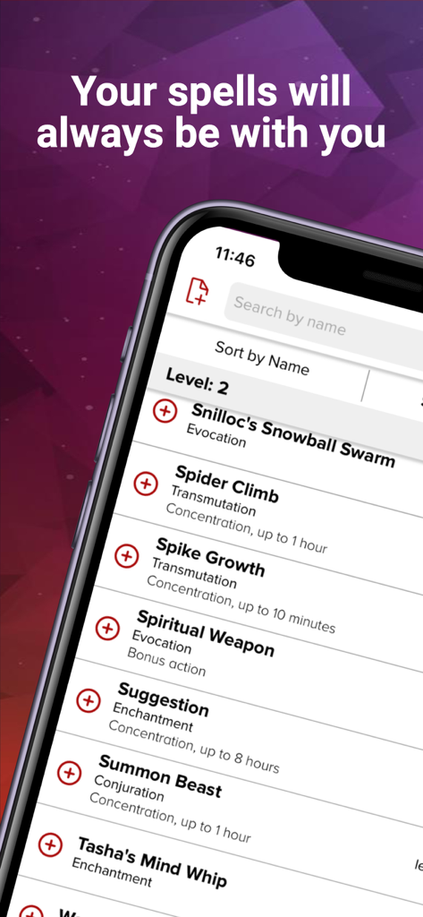 Spells List 5e - Spells List 5e mobile app interface showing a searchable list of level 2 D&D spells