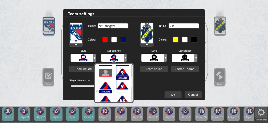 TacticalPad Ice Hockey - Interface of TacticalPad Ice Hockey showing team settings and jersey customization options