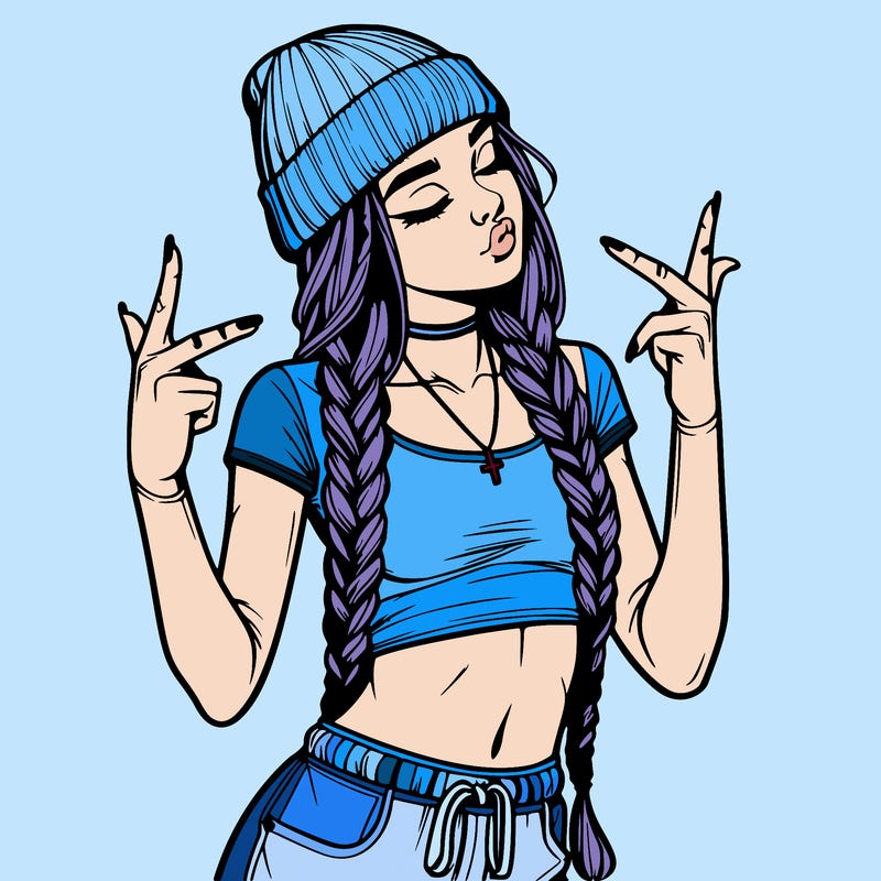 realistic teenage girl with braids and a beanie and crop top doing 🫶🏼