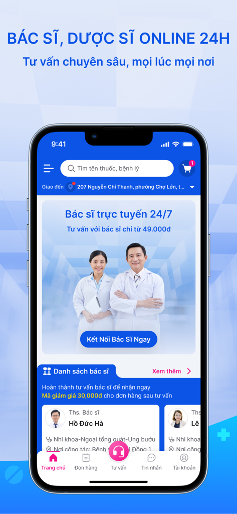 MEDIGO - Đặt thuốc nhanh 24/7 - MEDIGO mobile app screen displaying 24/7 online doctor and pharmacist consultation services in Vietnamese