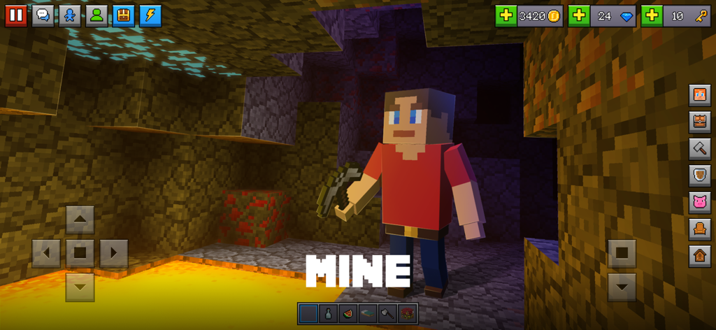 A character holding a pickaxe inside a block world cave with lava and ores
