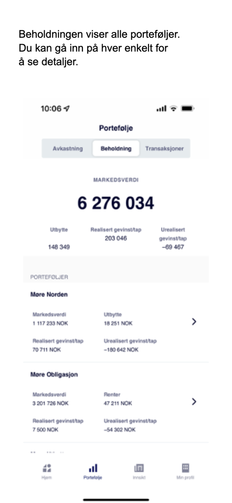 Sparebanken Møre Forvaltning - Portfolio holdings view in the Sparebanken More Forvaltning app showing market value and detailed investment gains