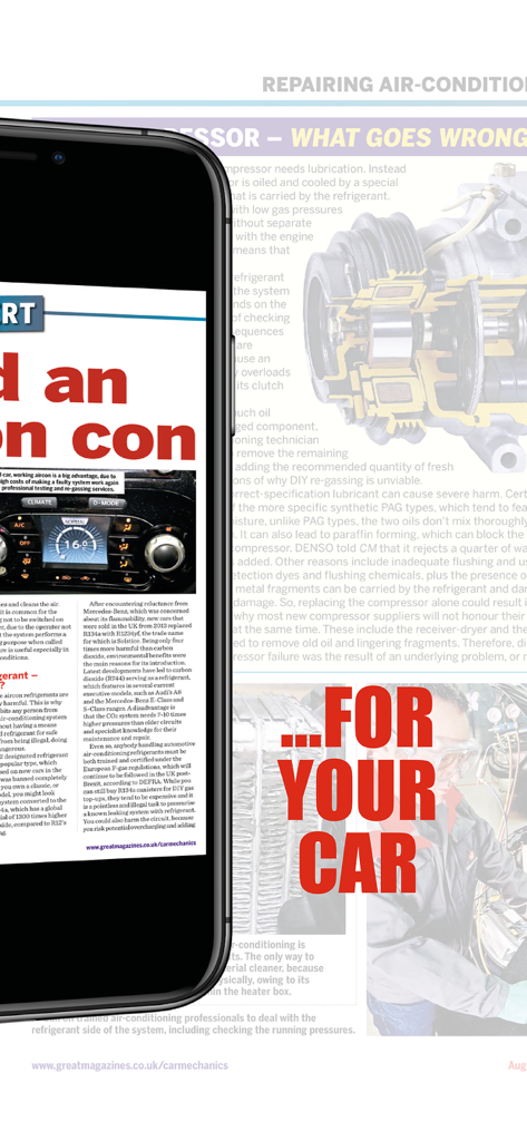 Mobile app displaying a technical article about repairing car air conditioning with diagrams and detailed instructions
