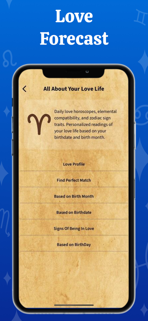 干支ベースの愛の鑑定と相性のオプションを示す「Love Forecast」というタイトルのモバイルアプリ画面