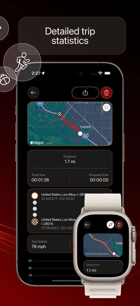 GPS Speedometer: Tracker MPH - iPhoneとApple Watchの両方で地図ルート、距離、最高速度を示す詳細なトリップ統計