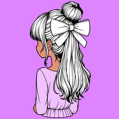 realistic girl  with hip length hair a bun and a big bow on the back of head