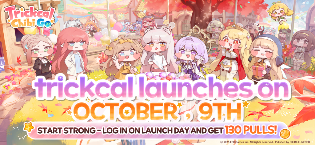 Werbebanner für Trickcal Chibi Go, das den Start am 9. Oktober mit einer Belohnung von 130 Zügen beim Einloggen ankündigt, mit süßen Chibi-Anime-Charakteren.