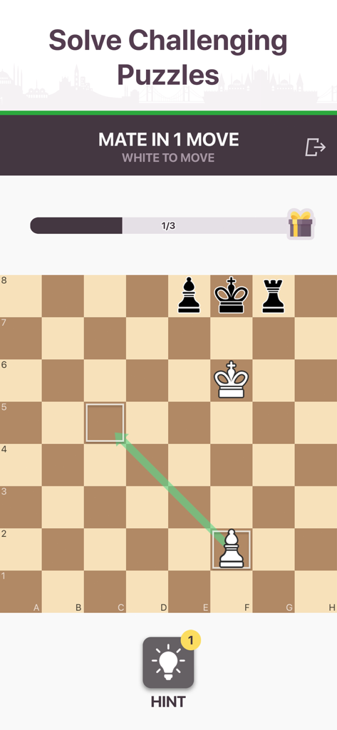 Captura de pantalla de la aplicación Chess Royale que muestra un puzle de mate en un movimiento con un movimiento de alfil blanco en un tablero de ajedrez.