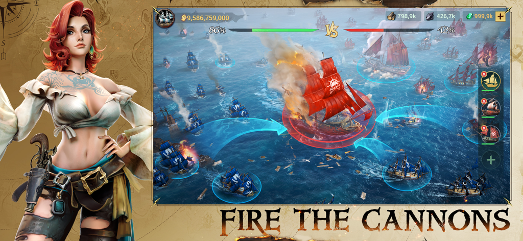 Naval combat scene between pirate fleets in Sea of Conquest Pirate War